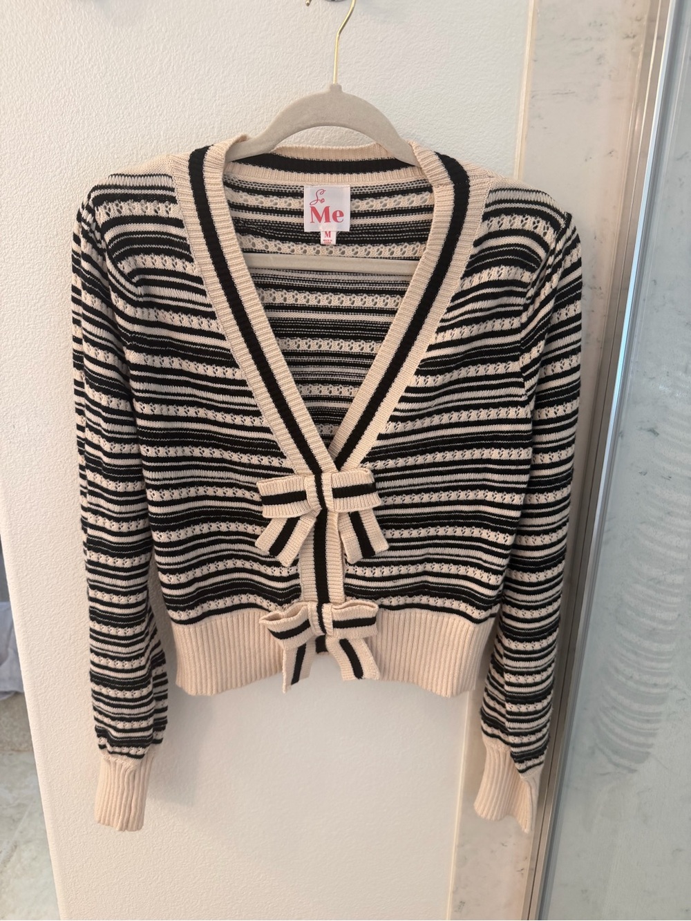 ME Makeover Essentials Black and Cream Striped Bow-Front Cardigan Sweater